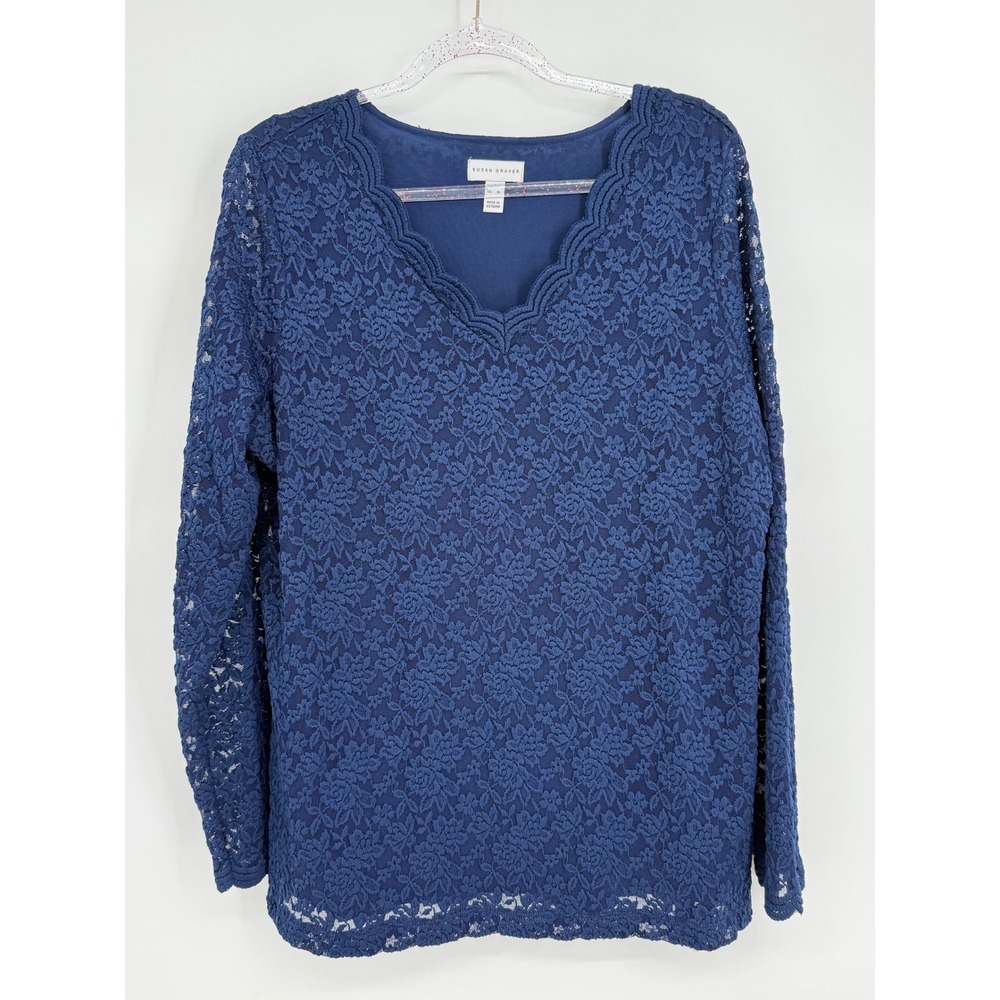 Susan Graver Navy Floral Lace Scalloped V-Neck Lined Blouse Top Womens Sz XL